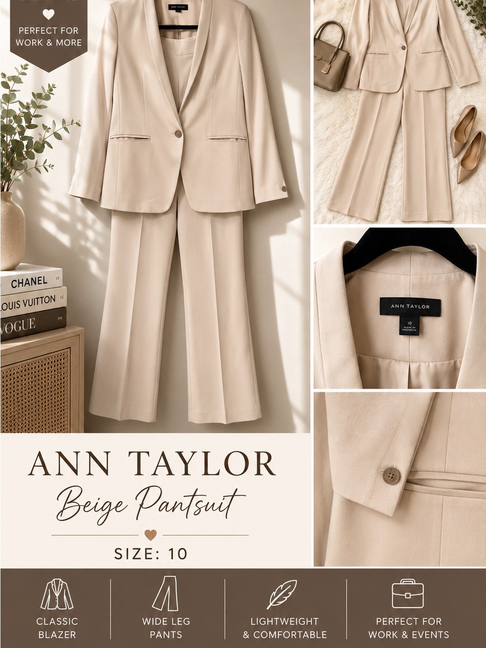 Ann Taylor Neutral Beige Wide-Leg Pantsuit